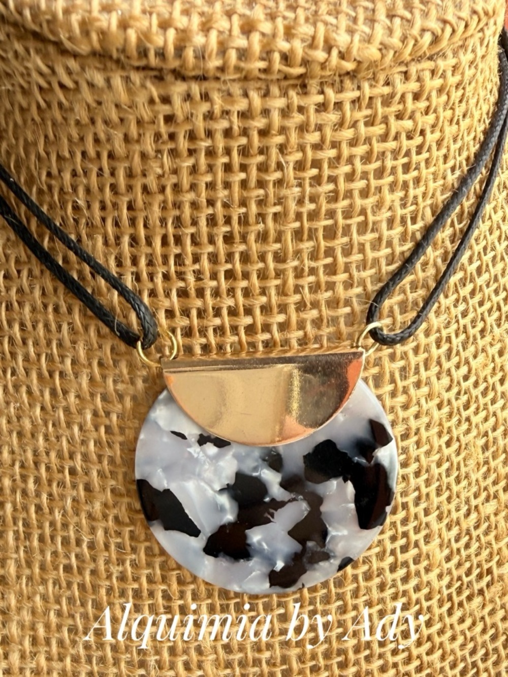 Cord choker +Black & White Marbled Resin Disc Necklace with Gold Accent